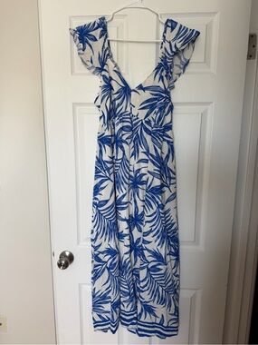 Pink Lily Palm Oasis Blue and White Leaf Printed Midi Dress